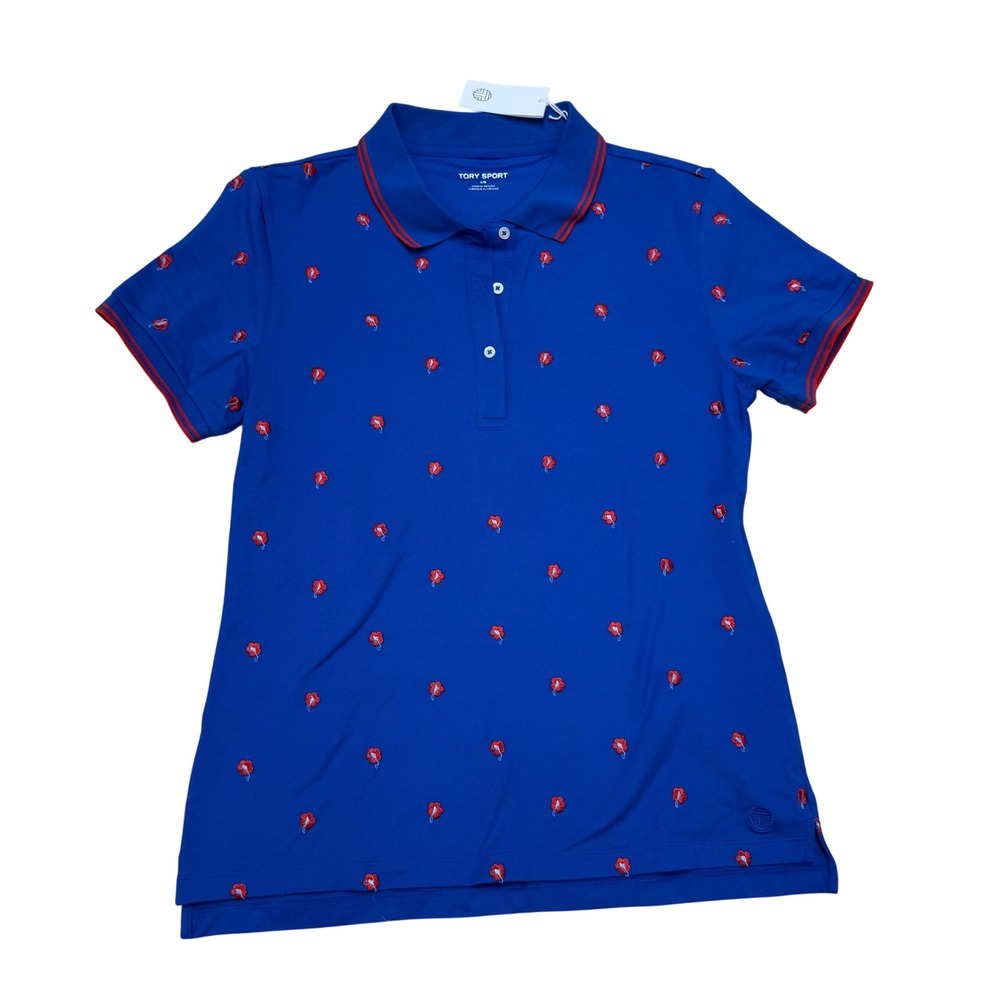 Tory Sport Wildfire Golf Polo Surf Blue Floral Embroidered Top 51913 Womens L